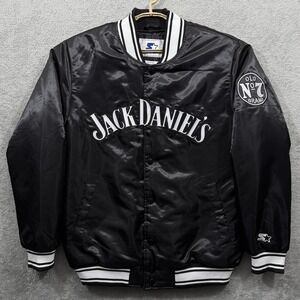 Starter Jack Daniels Jacket Mens Large Black Old No 7 Whiskey Lined Satin Bomber